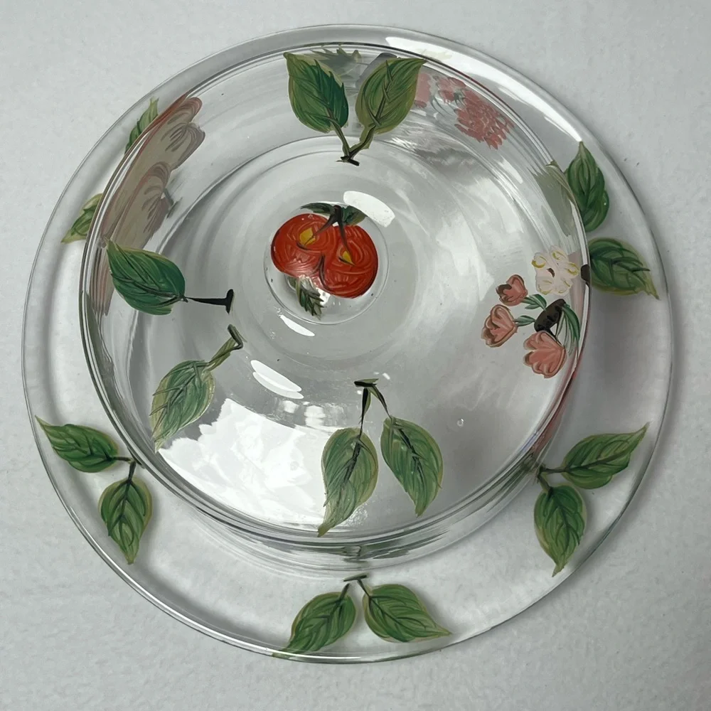 Vintage  Hand-Painted Glass Butter Dish with Red Fruit Motif